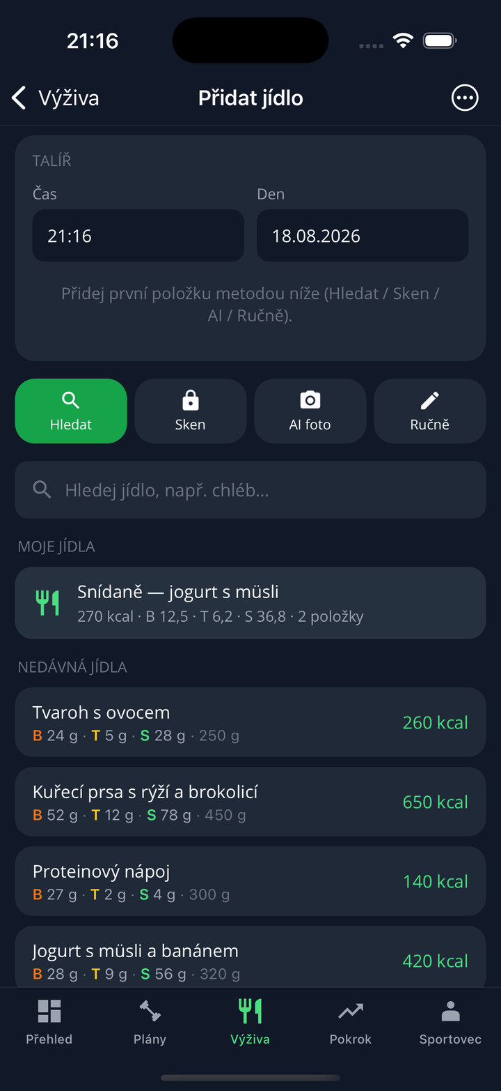 Přidání jídla — hledání, sken, AI foto
