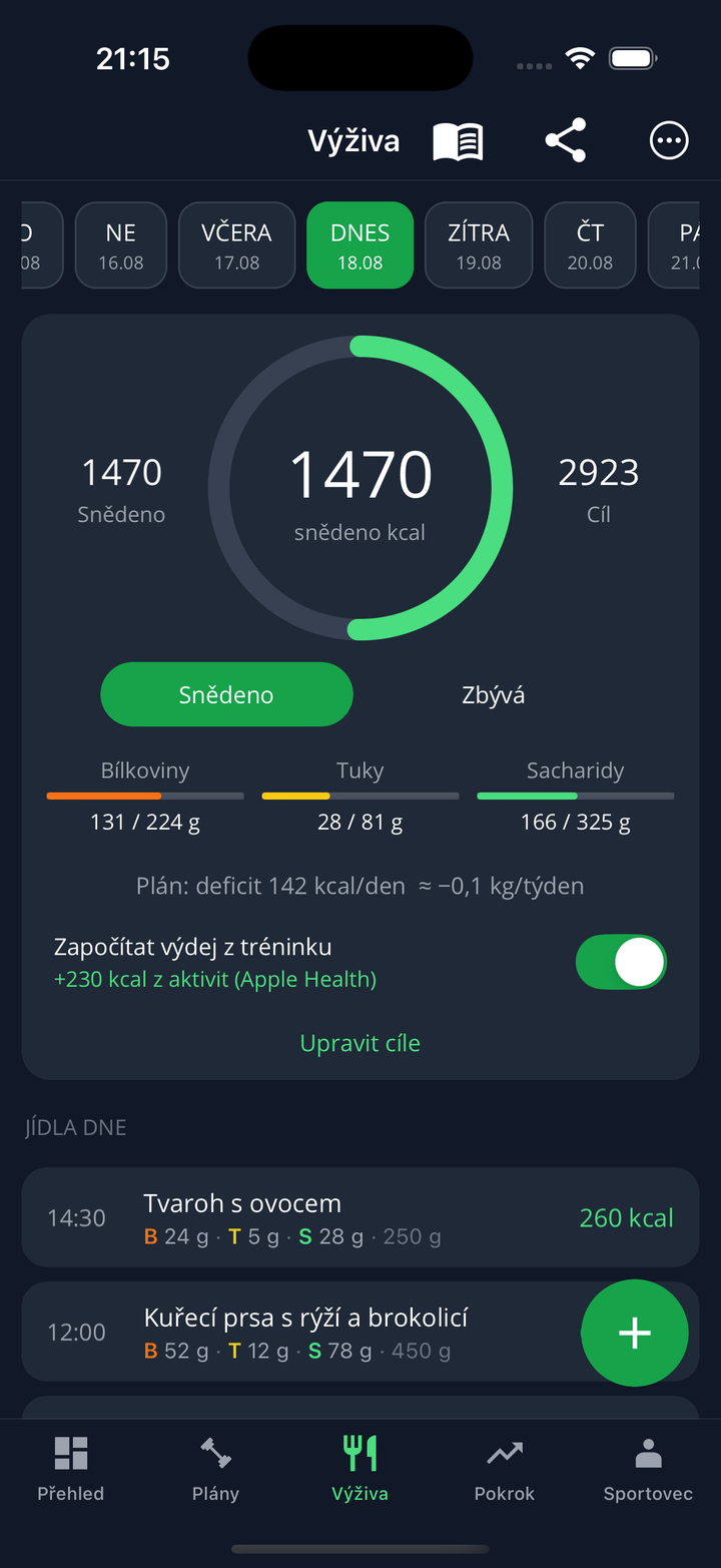 Denní přehled výživy — kalorie a makra