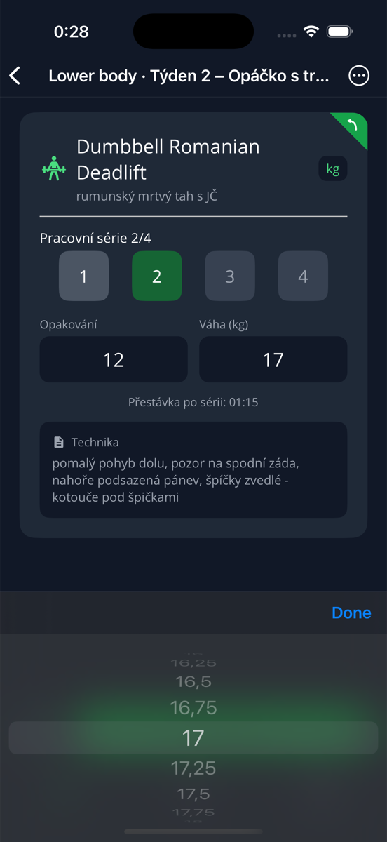 Nastavení váhy a opakování